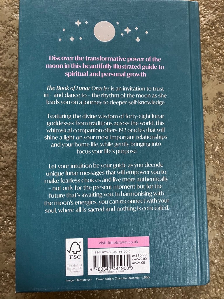 back cover of the Book of Lunar Oracles by Sarah Bartlett